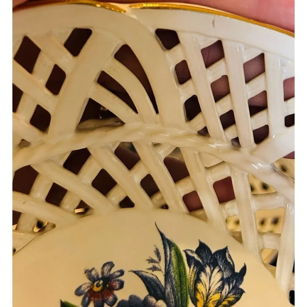 White Round Woven Latticed Ceramic Basket  Bowl Open Weave Set Of 2